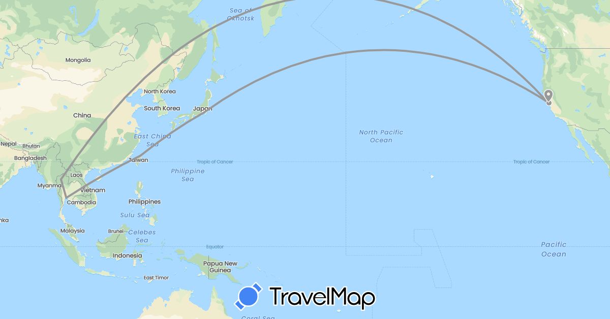 TravelMap itinerary: plane in Japan, Thailand, Taiwan, United States (Asia, North America)